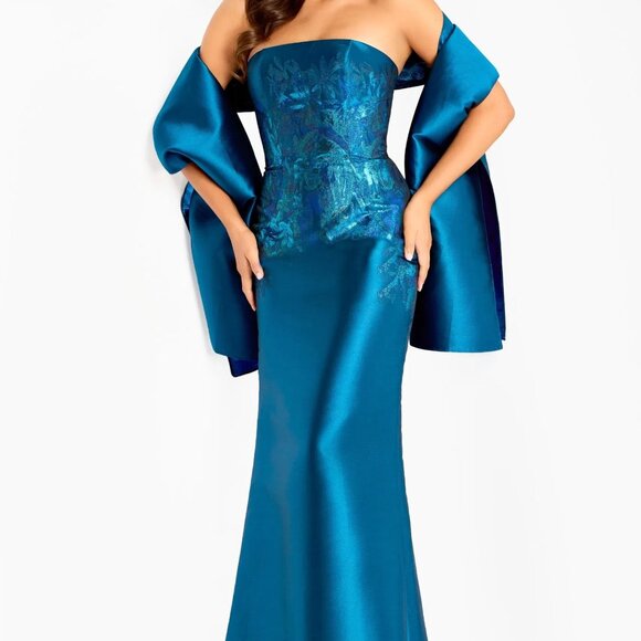 NWT Jovani Strapless Floral Embroidered Gorgeous Gown with Shawl - Picture 1 of 3